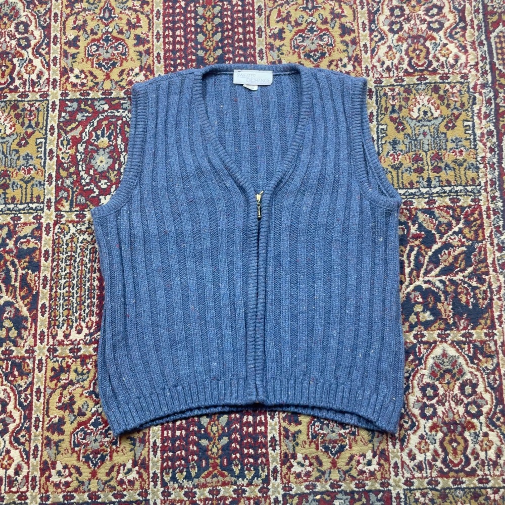 VTG 80s Sweater Exchange Blue Knit Ribbed Zip Up Cardigan Vest M USA Wool Blend